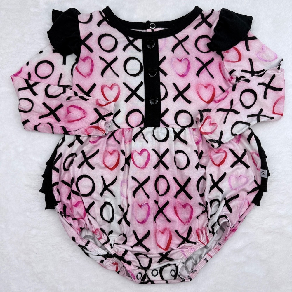 Birdie Bean Bubble Romper Baby Girl 18-24M‎ Pink Black XOXO Hearts Bamboo Ruffle